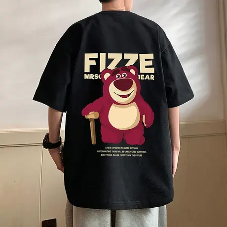 草莓熊印花纯棉短袖t恤男夏季新款宽松港味chic重磅情侣装上衣服商品大图
