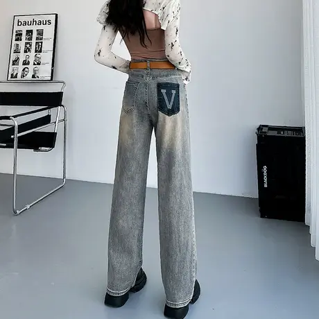 高腰宽松垂感阔腿牛仔裤女2024春秋新款显瘦美式复古直筒拖地裤商品大图