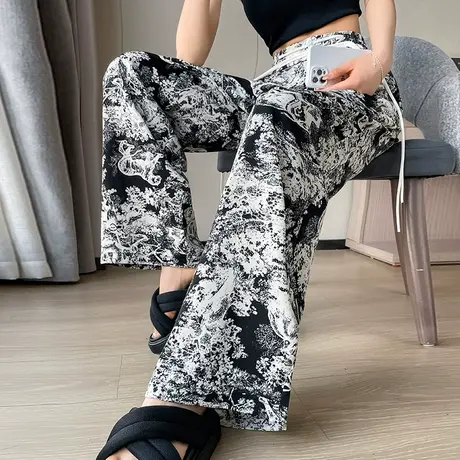 水墨画扎染冰丝阔腿裤女夏季薄款高腰垂感显瘦国风盘扣窄版直筒裤商品大图