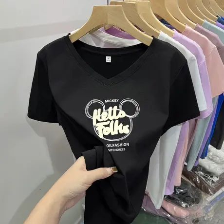 黑色短袖T恤女夏v领正肩凉感纯棉小熊印花上衣修身显瘦百搭体恤潮商品大图