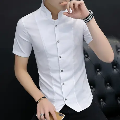 短袖衬衫男士夏季立领韩版修身寸衫青年潮流时尚百搭半袖痞帅衬衣商品大图
