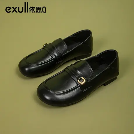 依思q乐福鞋女粗跟2024春季新款圆头软底金属扣英伦风小皮鞋单鞋商品大图