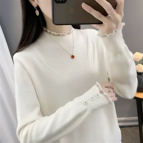 蕾丝半高领毛衣女内搭秋冬2022新款套头针织打底衫女长袖百搭上衣图片