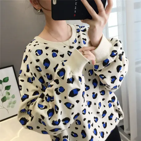 2023春季新款韩版薄款圆领学生宽松百搭字母印花豹纹卫衣女打底衫商品大图