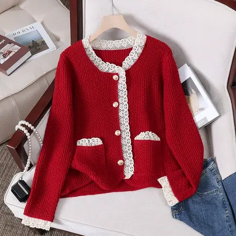 早秋季针织开衫外套女春秋款2023新款蕾丝宽松慵懒风短款针织上衣图片