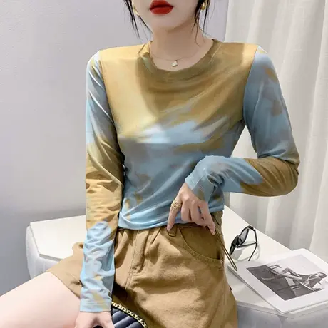 欧货薄款网纱防晒衫女长袖2023夏装新款扎染印花上衣气质修身T恤商品大图