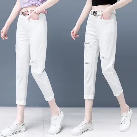 破洞七分牛仔裤女秋季2023年新款潮八分小个子白色哈伦休闲裤子商品大图