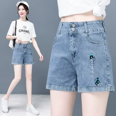 高腰牛仔短裤女夏时尚刺绣宽松显瘦直筒休闲裤2023新款热裤百搭潮图片