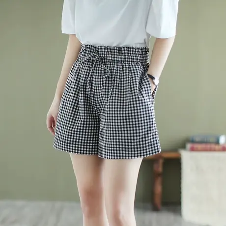 枫谜2021年夏装新款文艺韩版棉麻短裤女宽松韩版亚麻格子系带短裤图片