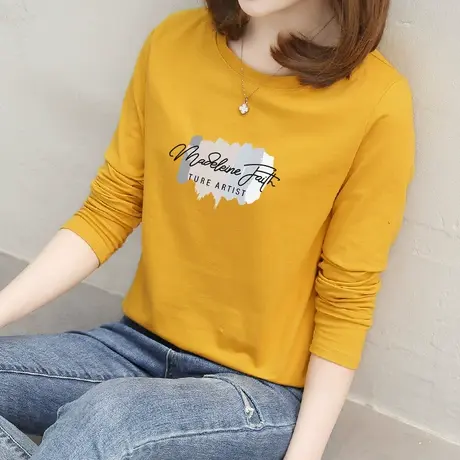 纯棉长袖t恤黄色韩版宽松打底衫内搭上衣春装2022年新款百搭女潮图片
