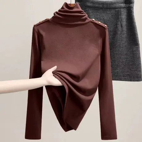 双面德绒半高领打底衫女加绒保暖中领上衣内搭立领长袖打底t恤女商品大图