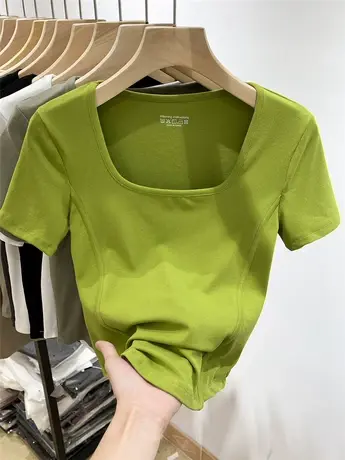 欧货高腰短款方领短袖t恤女2022夏装新款修身洋气半圆下摆上衣潮图片