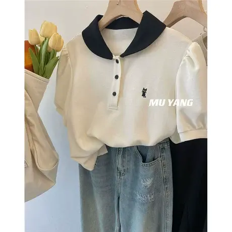 韩国2023夏季新款韩版撞色小翻领刺绣小猫咪polo上衣短袖T恤女潮商品大图