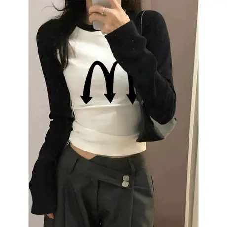 2023年新款爆款撞色T恤女早秋洋气修身小个子短款打底衫长袖上衣商品大图