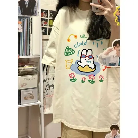 纯棉短袖t恤女小个子夏季2023新款宽松美式复古半袖上衣oversize图片