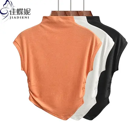 早秋半高领修身纯棉褶皱不规则下摆短款纯欲短袖体恤上衣内搭女装商品大图