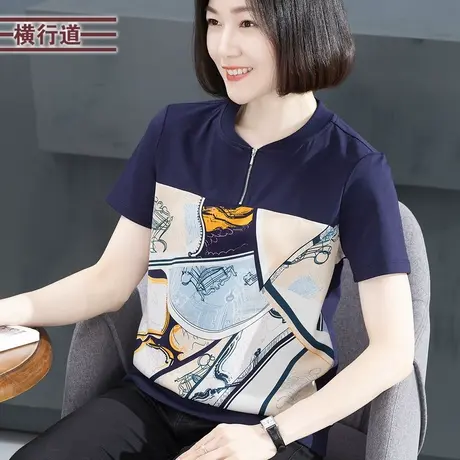 半开领拉链拼接印花雪纺短袖宽松T恤女2023新款夏装休闲大码上衣图片