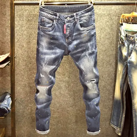 美式磨破漆点牛仔裤男修身直筒裤春秋款潮牌复古怀旧大牛小脚裤子商品大图