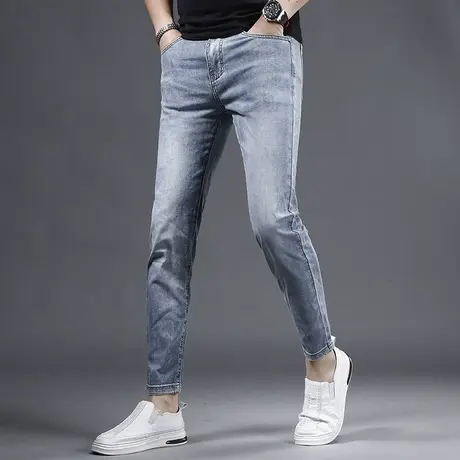 浅蓝色冰丝九分牛仔裤男2023夏季新款修身小脚弹力潮牌男士9分裤商品大图