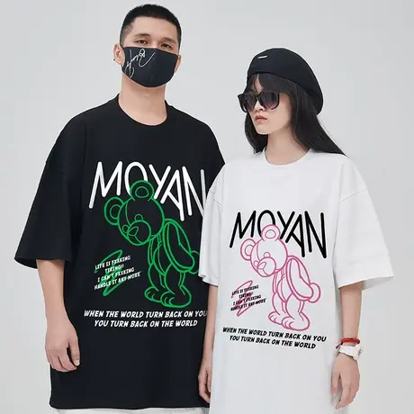 重磅潮牌宽松T恤胖子短袖男小熊情侣五分袖纯棉大码男装夏季男女商品大图