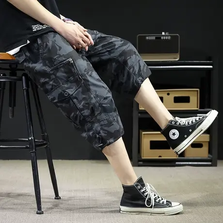 夏季薄款七分裤男多袋工装裤松紧腰宽松运动全棉中裤大码胖子马裤商品大图