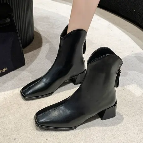 法式小短靴女春秋单靴2023年新款时尚百搭复古方头粗跟马丁瘦瘦靴商品大图