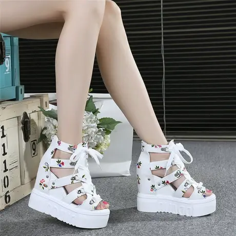 2023夏季新款百搭内增高凉鞋厚底坡跟高跟鞋碎花鱼嘴女鞋34码绑带图片