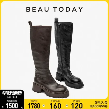 BeauToday长筒靴女2023新款秋冬BT过膝真皮骑士靴增高厚底高筒靴图片