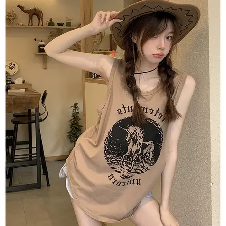 卡其色美式复古纯棉背心女夏季宽松中长款韩版运动无袖吊带上衣潮图片