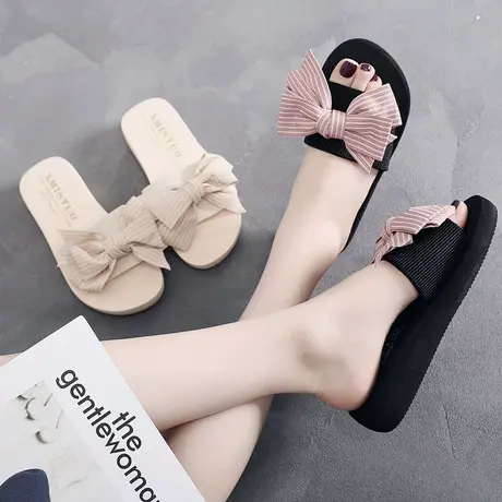 时尚蝴蝶结拖鞋女夏百搭平底一字拖鞋外穿厚底凉拖防滑海边沙滩鞋图片