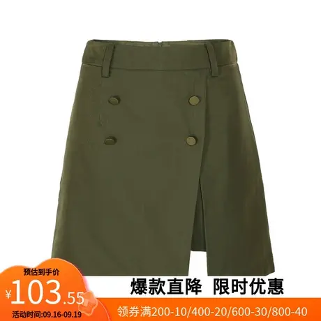 【艾格】2023春季新款气质显瘦简约休闲双排扣开叉短款女生裤裙商品大图