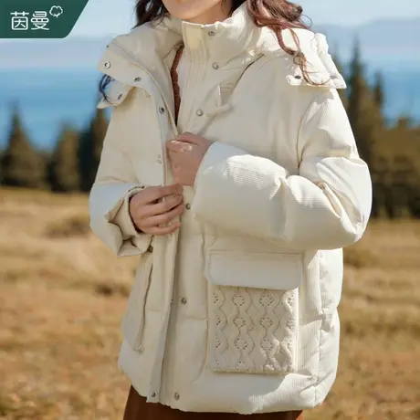 茵曼牛角扣连帽短款羽绒服女2023冬季新款小个子工装派克服厚外套商品大图