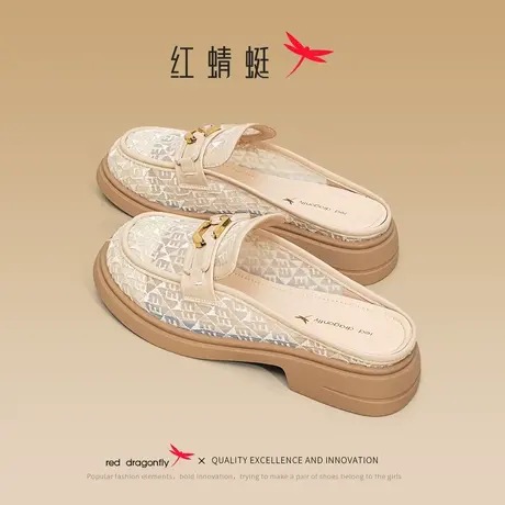 红蜻蜓勃肯鞋女夏季2023新款蕾丝粗跟乐福鞋外穿包头半拖鞋女凉鞋商品大图