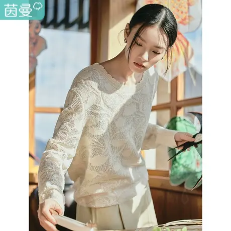 【商场同款】茵曼2023春女装新款优雅通勤花边圆领宽松遮肉毛衣图片