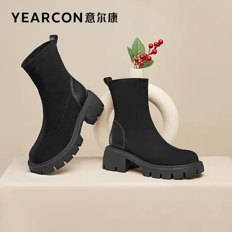 意尔康女靴2023秋季新款瘦瘦靴法式小短靴女洋气简约单靴中筒靴子图片