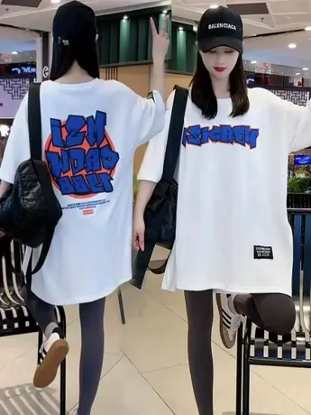 爆款开叉字母印花圆领短袖t恤女2023夏季新款韩版宽松大版T恤上衣商品大图