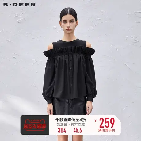 sdeer圣迪奥女装圆领露肩撞色木耳边长袖衬衫S211T0528🌖商品大图