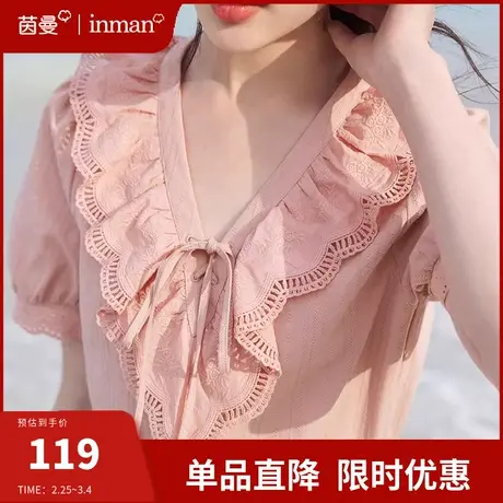 茵曼旗舰店法式复古v领衬衫女2024夏新款荷叶边系带上衣短袖衬衣图片