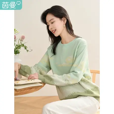 【商场同款】茵曼2023春女装新款田园复古提花肌理圆领宽松毛衣商品大图