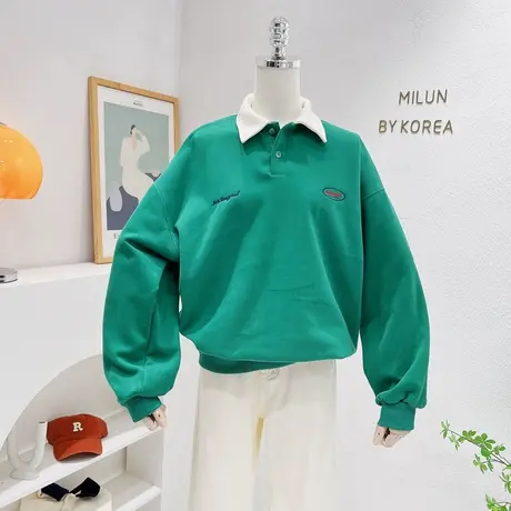 秋季小众设计高级感撞色卫衣ins韩系洋气复古美式字母polo领上衣商品大图
