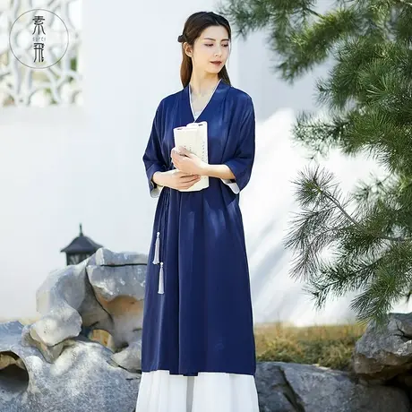 素飞汉服女改良交领系带外套宽松居士禅修服素衣中国风禅意茶人服图片