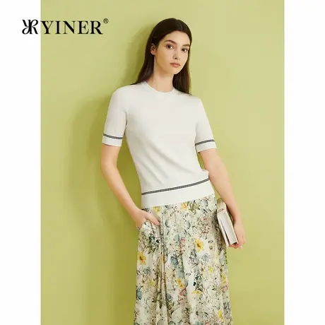 YINER音儿女装夏季含桑蚕丝16针毛针织衫百搭条纹轻上衣图片