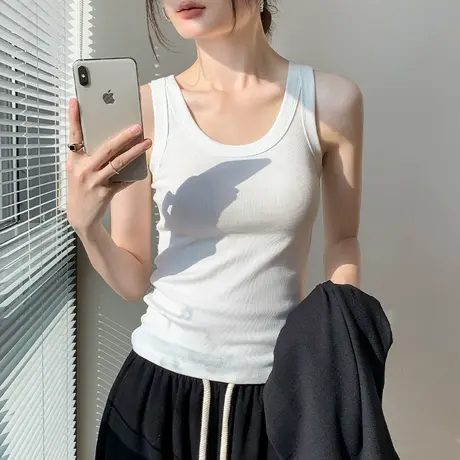 美式吊带背心女2025春夏新款掐腰弹力修身衬衫内搭纯白色无袖T恤商品大图
