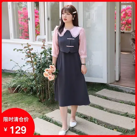 2023年夏季新款娃娃领胖MM假两件中式设计感时尚显瘦大码连衣裙长商品大图