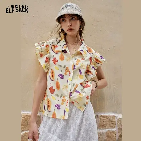 【来了就好】妖精的口袋水果印花小飞袖翻领衬衫度假风轻薄上衣商品大图