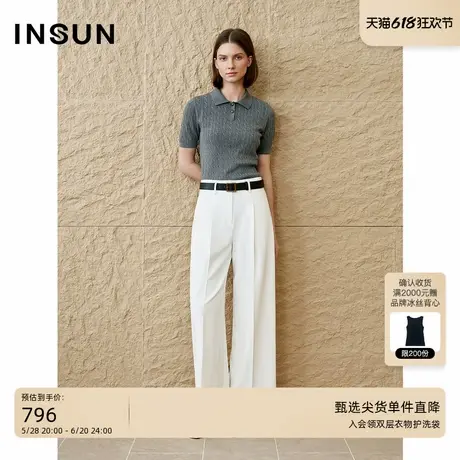 INSUN恩裳专选2025夏季高智感绞花修身POLO领针织衫商品大图