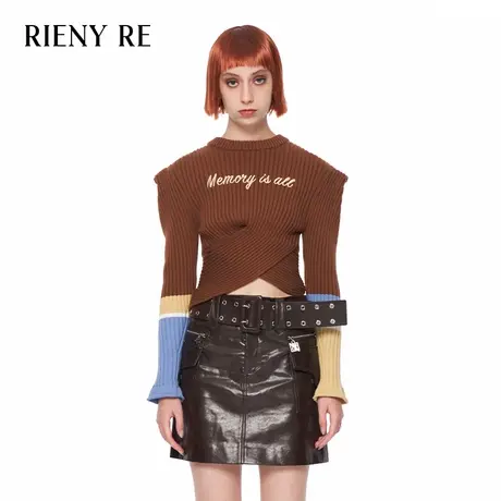 RIENYRE毛衣女2023年秋款新款高级感复古美式直角肩拼接针织上衣图片