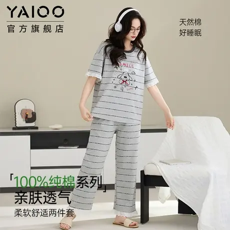 雅鹿纯棉睡衣女2025夏季薄款大码简约款可外穿家居服短袖长裤套装商品大图