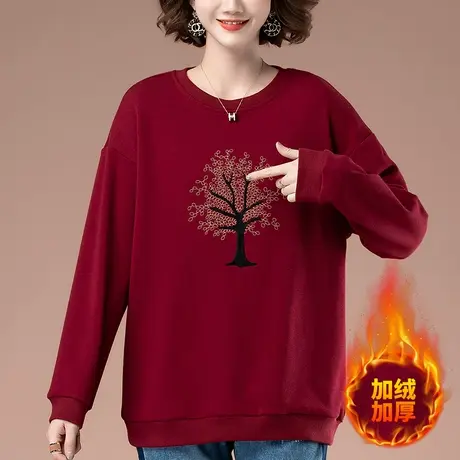 加绒卫衣女秋冬加肥加大码女装宽松中年妈妈刺绣加厚上衣打底衫女商品大图