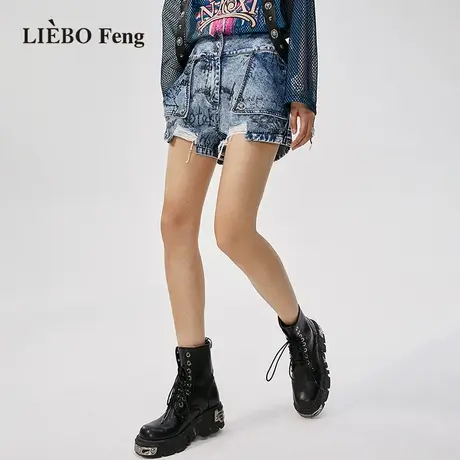 裂帛LIEBOFeng设计师品牌时髦高街解构短裤高腰显瘦深蓝色牛仔裤商品大图